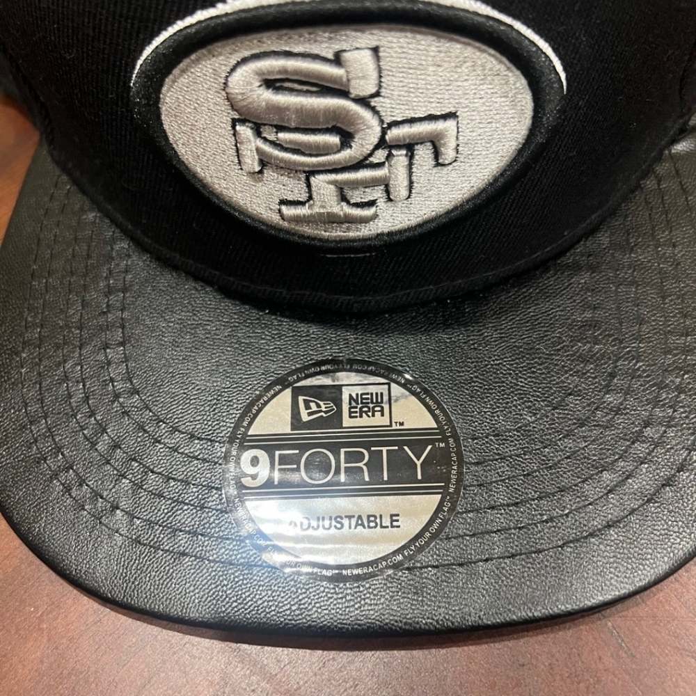NFL San Francisco 49ers New Era 9Forty Flat Faux Leather Bill Cap Hat Black LKC